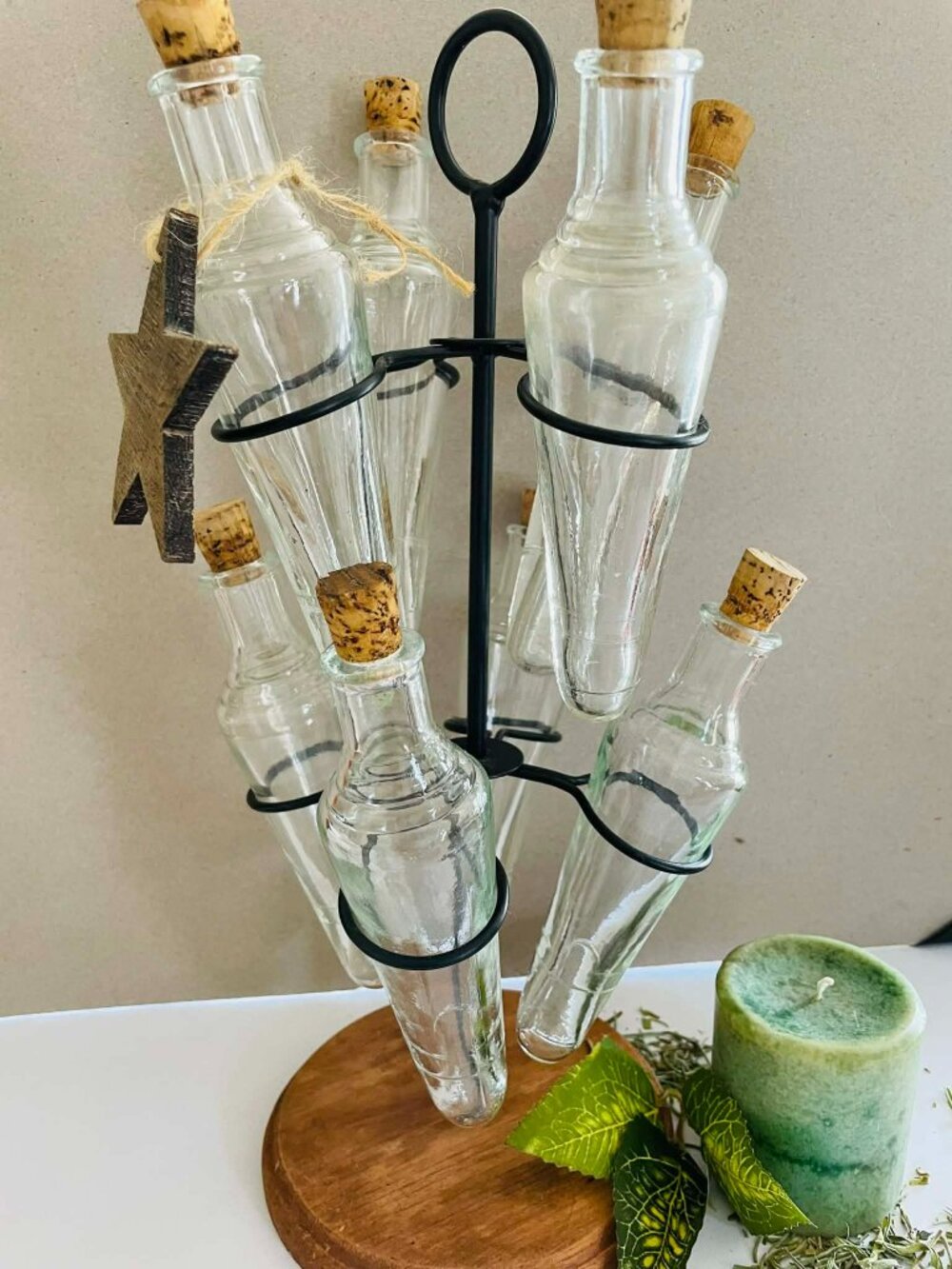 WITCHY APOTHECARY BOTTLE RACK 8 GLASS TORPEDO BOTTLES WOOD BASE FARMHOUSE BOHO